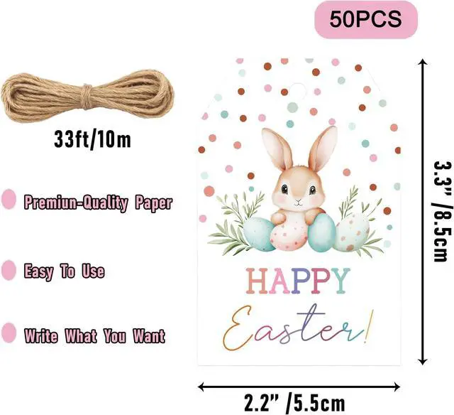 Alt view image 2 of 6 - Happy Easter Gift Tags with String, 50pcs Bunny Easter Tags, 3.3 x 2.2 Inch Paper Gift Tags with Jute Twine for Treat Bags, Easter Baskets, Classroom Exchange & Spring Party Decorations