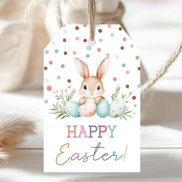 Alt view image 4 of 6 - Happy Easter Gift Tags with String, 50pcs Bunny Easter Tags, 3.3 x 2.2 Inch Paper Gift Tags with Jute Twine for Treat Bags, Easter Baskets, Classroom Exchange & Spring Party Decorations