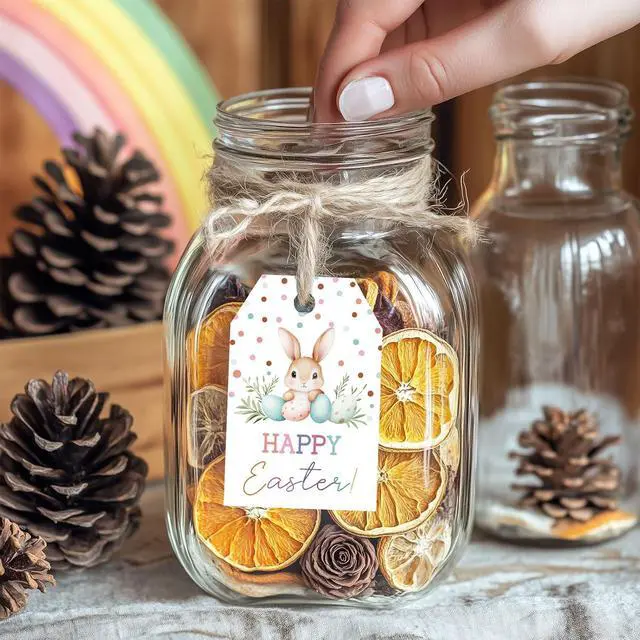 Alt view image 5 of 6 - Happy Easter Gift Tags with String, 50pcs Bunny Easter Tags, 3.3 x 2.2 Inch Paper Gift Tags with Jute Twine for Treat Bags, Easter Baskets, Classroom Exchange & Spring Party Decorations