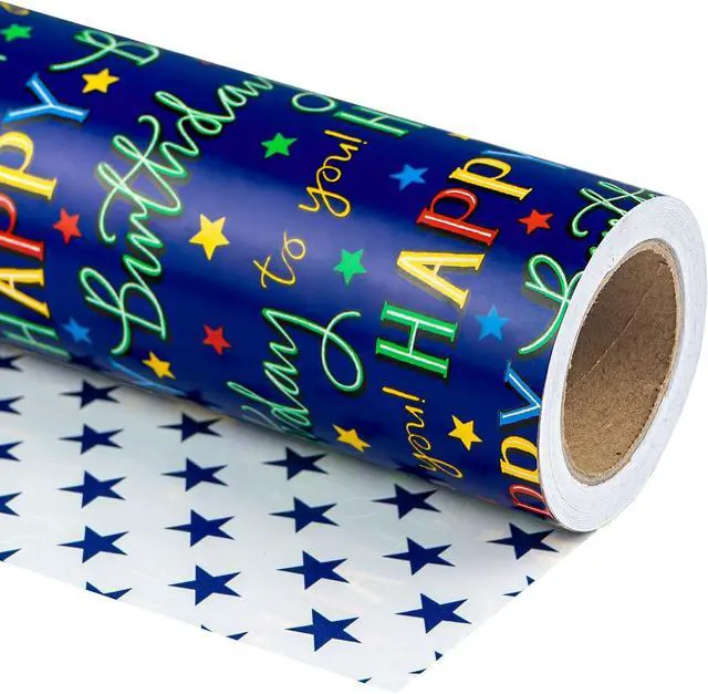 Main image of WRAPAHOLIC Reversible Birthday Wrapping Paper - Mini Roll - 17 Inch X 33 Feet - Blue Star Happy Birthday Wrapping Paper for Men, Adult, Boy, Baby Shower, Holiday