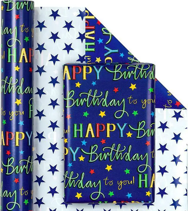 Alt view image 2 of 6 - WRAPAHOLIC Reversible Birthday Wrapping Paper - Mini Roll - 17 Inch X 33 Feet - Blue Star Happy Birthday Wrapping Paper for Men, Adult, Boy, Baby Shower, Holiday