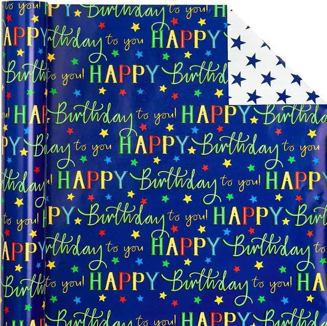 Alt view image 3 of 6 - WRAPAHOLIC Reversible Birthday Wrapping Paper - Mini Roll - 17 Inch X 33 Feet - Blue Star Happy Birthday Wrapping Paper for Men, Adult, Boy, Baby Shower, Holiday