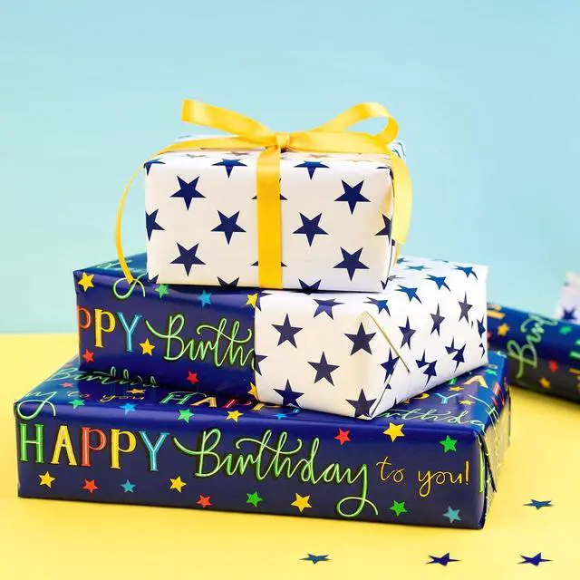 Alt view image 4 of 6 - WRAPAHOLIC Reversible Birthday Wrapping Paper - Mini Roll - 17 Inch X 33 Feet - Blue Star Happy Birthday Wrapping Paper for Men, Adult, Boy, Baby Shower, Holiday
