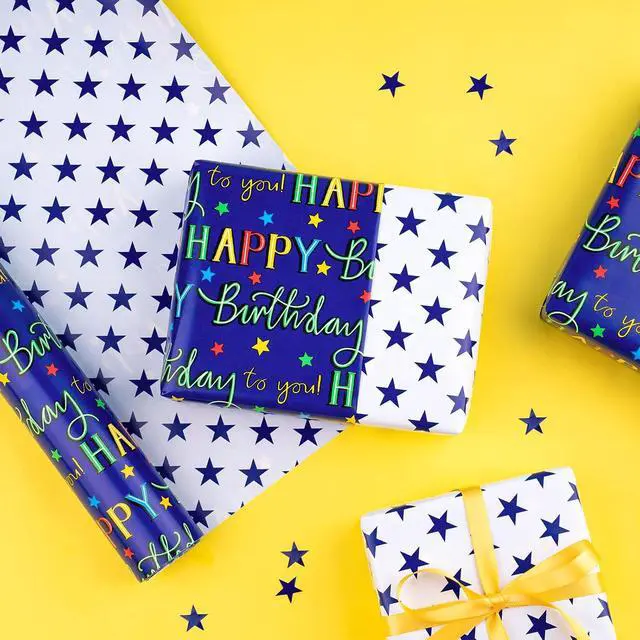 Alt view image 5 of 6 - WRAPAHOLIC Reversible Birthday Wrapping Paper - Mini Roll - 17 Inch X 33 Feet - Blue Star Happy Birthday Wrapping Paper for Men, Adult, Boy, Baby Shower, Holiday