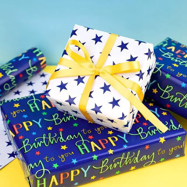 Alt view image 6 of 6 - WRAPAHOLIC Reversible Birthday Wrapping Paper - Mini Roll - 17 Inch X 33 Feet - Blue Star Happy Birthday Wrapping Paper for Men, Adult, Boy, Baby Shower, Holiday