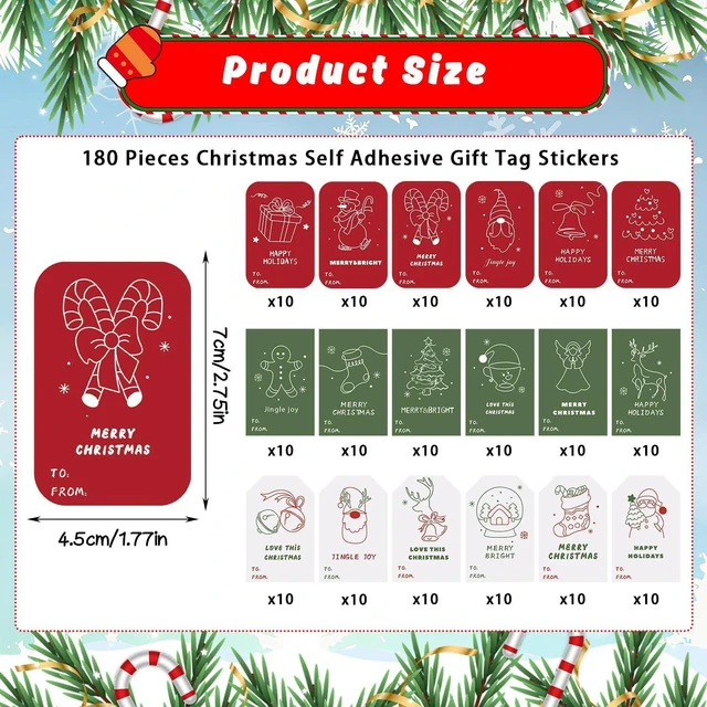 Alt view image 2 of 7 - LOKIPA Christmas Gift Tags Stickers, 180 Pieces Christmas Self Adhesive Gift Tag Stickers for Xmas Birthday Wedding Holiday Decor