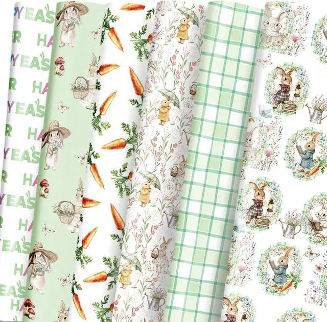 Main image of LeZakaa Easter Wrapping Paper Sheets, Bunny Carrot Green Plaid Vintage Gift Wrap for Easter Basket, Kids Birthday, Baby Shower and Spring Celebration, Folded Flat 6 Sheets, 19.7" x 27.5" Per Sheet