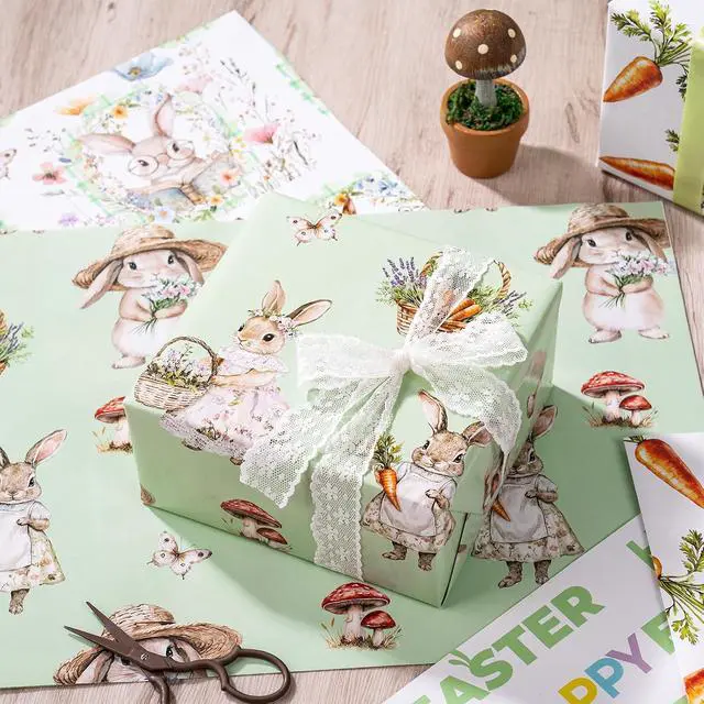 Alt view image 2 of 7 - LeZakaa Easter Wrapping Paper Sheets, Bunny Carrot Green Plaid Vintage Gift Wrap for Easter Basket, Kids Birthday, Baby Shower and Spring Celebration, Folded Flat 6 Sheets, 19.7" x 27.5" Per Sheet