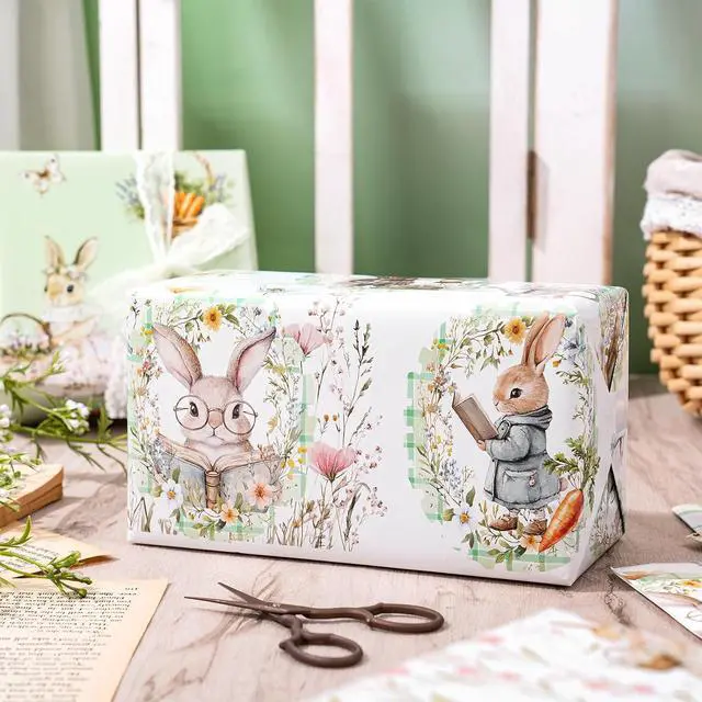 Alt view image 4 of 7 - LeZakaa Easter Wrapping Paper Sheets, Bunny Carrot Green Plaid Vintage Gift Wrap for Easter Basket, Kids Birthday, Baby Shower and Spring Celebration, Folded Flat 6 Sheets, 19.7" x 27.5" Per Sheet