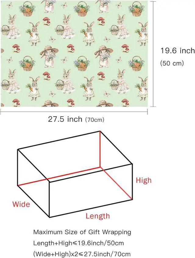 Alt view image 7 of 7 - LeZakaa Easter Wrapping Paper Sheets, Bunny Carrot Green Plaid Vintage Gift Wrap for Easter Basket, Kids Birthday, Baby Shower and Spring Celebration, Folded Flat 6 Sheets, 19.7" x 27.5" Per Sheet
