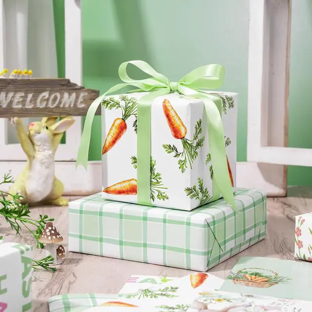 Alt view image 5 of 7 - LeZakaa Easter Wrapping Paper Sheets, Bunny Carrot Green Plaid Vintage Gift Wrap for Easter Basket, Kids Birthday, Baby Shower and Spring Celebration, Folded Flat 6 Sheets, 19.7" x 27.5" Per Sheet