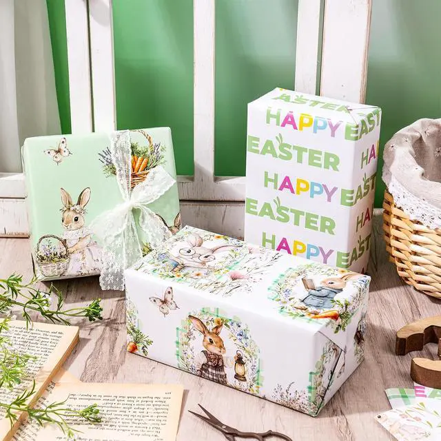Alt view image 3 of 7 - LeZakaa Easter Wrapping Paper Sheets, Bunny Carrot Green Plaid Vintage Gift Wrap for Easter Basket, Kids Birthday, Baby Shower and Spring Celebration, Folded Flat 6 Sheets, 19.7" x 27.5" Per Sheet