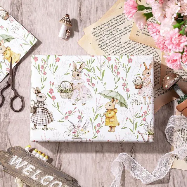 Alt view image 6 of 7 - LeZakaa Easter Wrapping Paper Sheets, Bunny Carrot Green Plaid Vintage Gift Wrap for Easter Basket, Kids Birthday, Baby Shower and Spring Celebration, Folded Flat 6 Sheets, 19.7" x 27.5" Per Sheet