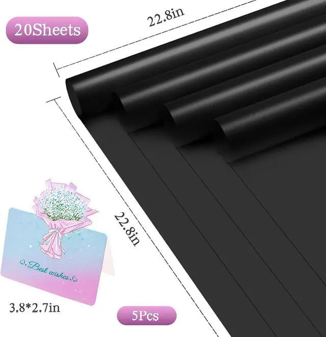 Alt view image 2 of 7 - REAXYZNN 20 Sheets Flower Wrapping Paper, Waterproof Floral Wrapping Paper with Cards for DIY Craft, Florist Packaging Supplies for Birthday, Wedding Gift (Black)