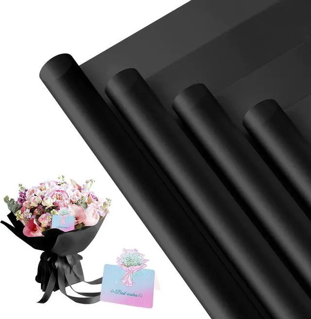 Main image of REAXYZNN 20 Sheets Flower Wrapping Paper, Waterproof Floral Wrapping Paper with Cards for DIY Craft, Florist Packaging Supplies for Birthday, Wedding Gift (Black)