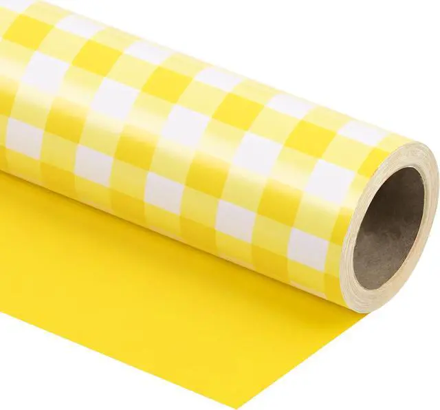 Main image of WRAPAHOLIC Reversible Wrapping Paper - Mini Roll - 17 Inch X 33 Feet - Yellow and White Plaid Design for Birthday, Holiday, Wedding, Baby Shower