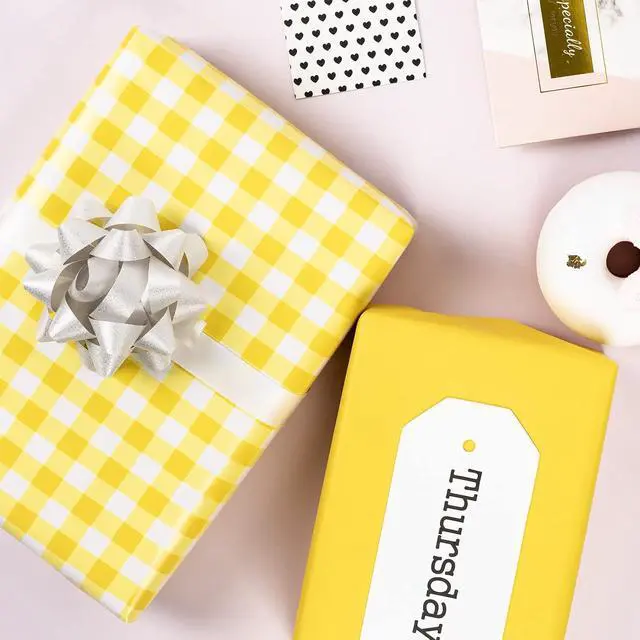 Alt view image 6 of 6 - WRAPAHOLIC Reversible Wrapping Paper - Mini Roll - 17 Inch X 33 Feet - Yellow and White Plaid Design for Birthday, Holiday, Wedding, Baby Shower