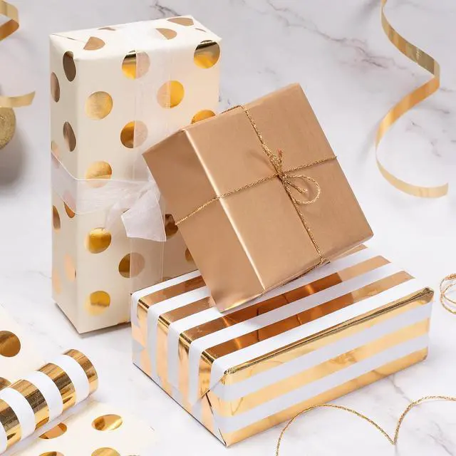 Alt view image 4 of 7 - WRAPAHOLIC Gold Wrapping Paper Roll - Mini Roll - 3 Rolls - 17 Inch X 120 Inch Per Roll - Gold Foil Birthday Wrapping Paper for Wedding, Christmas, Party, Baby Shower