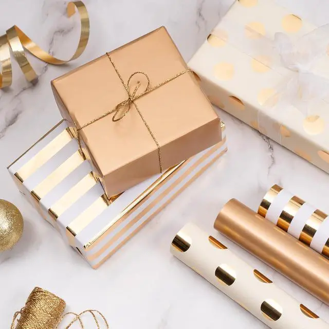 Alt view image 6 of 7 - WRAPAHOLIC Gold Wrapping Paper Roll - Mini Roll - 3 Rolls - 17 Inch X 120 Inch Per Roll - Gold Foil Birthday Wrapping Paper for Wedding, Christmas, Party, Baby Shower