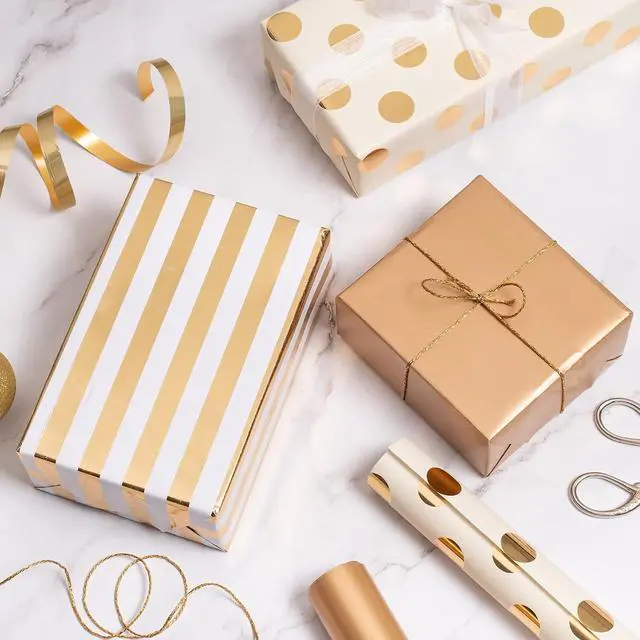 Alt view image 5 of 7 - WRAPAHOLIC Gold Wrapping Paper Roll - Mini Roll - 3 Rolls - 17 Inch X 120 Inch Per Roll - Gold Foil Birthday Wrapping Paper for Wedding, Christmas, Party, Baby Shower