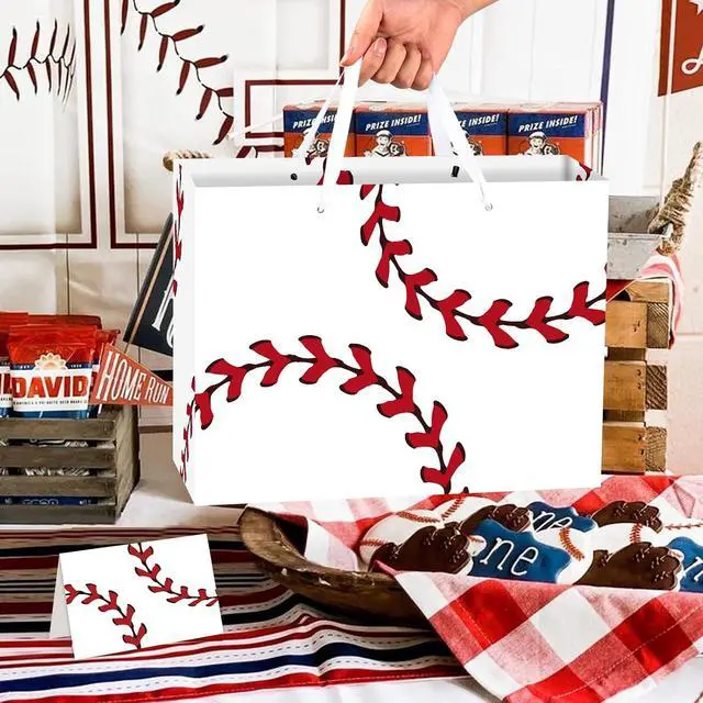 Alt view image 3 of 7 - Jiaoiudi Baseball Party Bags with Tissue Paper Greeting Card Baseball Gift Bags Large with Handles Baseball Goodie Bags