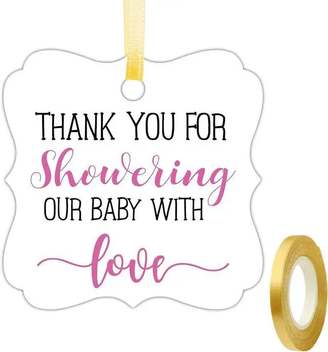 Main image of Thank You for Showering Our Baby with Love Tags, Baby Shower Favor Tags, Thank You Gift Tags Baby Shower, Thank You Tags With String, 2 Inches, 50 Count with Golden Ribbon