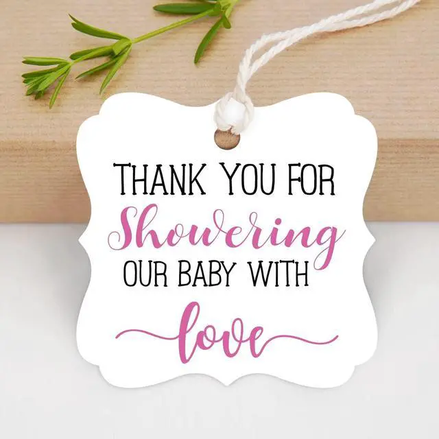Alt view image 2 of 6 - Thank You for Showering Our Baby with Love Tags, Baby Shower Favor Tags, Thank You Gift Tags Baby Shower, Thank You Tags With String, 2 Inches, 50 Count with Golden Ribbon