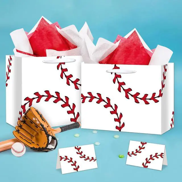 Alt view image 6 of 7 - Jiaoiudi Baseball Party Bags with Tissue Paper Greeting Card Baseball Gift Bags Large with Handles Baseball Goodie Bags