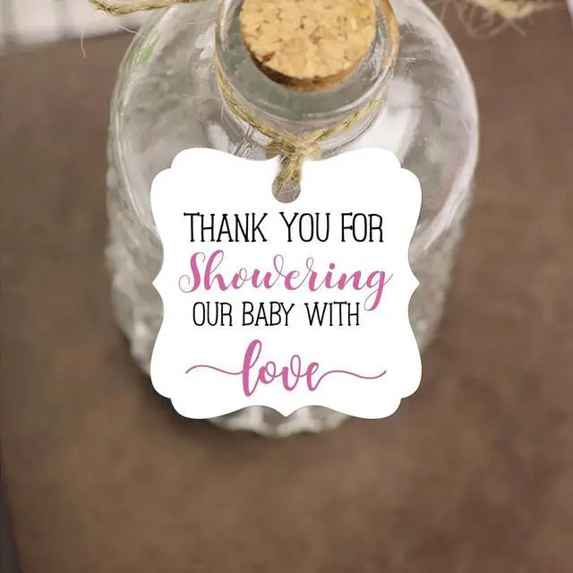 Alt view image 5 of 6 - Thank You for Showering Our Baby with Love Tags, Baby Shower Favor Tags, Thank You Gift Tags Baby Shower, Thank You Tags With String, 2 Inches, 50 Count with Golden Ribbon