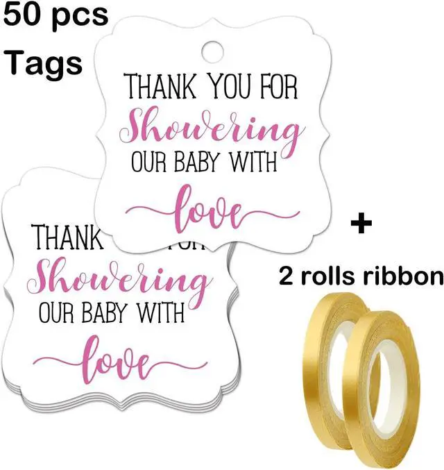 Alt view image 4 of 6 - Thank You for Showering Our Baby with Love Tags, Baby Shower Favor Tags, Thank You Gift Tags Baby Shower, Thank You Tags With String, 2 Inches, 50 Count with Golden Ribbon