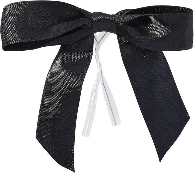 Main image of Juvale Gift Bows with Twist Ties - Mini Bows for Crafts & Wrapping - Pre-Tied Satin Polyester Ribbon for Treat Bags & Balloons - 3-Inch, Black, 100 Pack