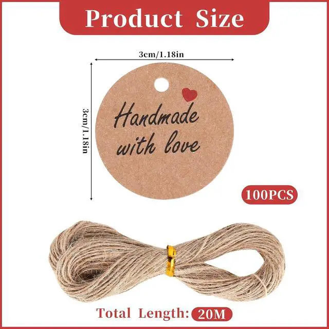 Alt view image 2 of 7 - 100Pcs Handmade with Love Tags Paper Hanging Tags with String 1.2 Round Brown Gift Labels with 66 ft String Personalized Handmade Tags for Crafts Candle Tins Wedding Birthday Party Favors
