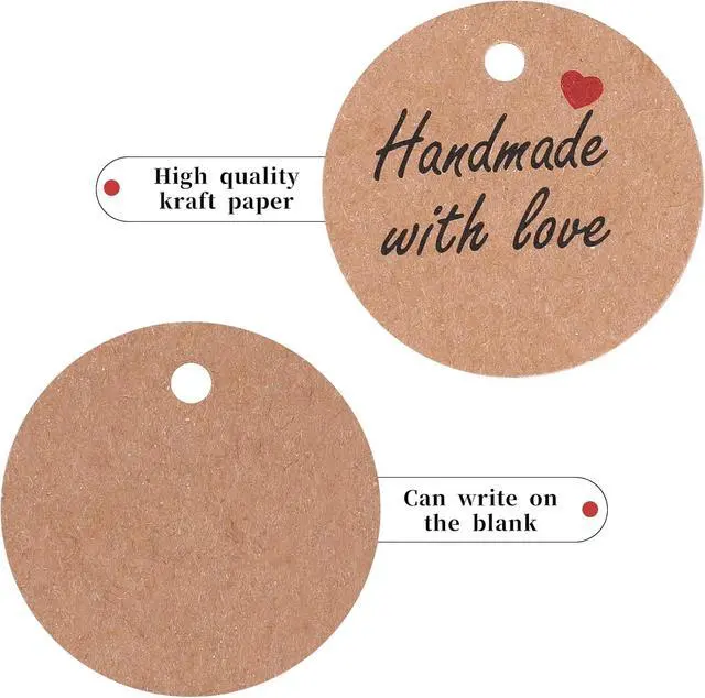 Alt view image 3 of 7 - 100Pcs Handmade with Love Tags Paper Hanging Tags with String 1.2 Round Brown Gift Labels with 66 ft String Personalized Handmade Tags for Crafts Candle Tins Wedding Birthday Party Favors