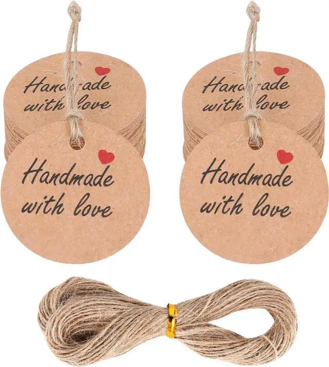 Main image of 100Pcs Handmade with Love Tags Paper Hanging Tags with String 1.2 Round Brown Gift Labels with 66 ft String Personalized Handmade Tags for Crafts Candle Tins Wedding Birthday Party Favors