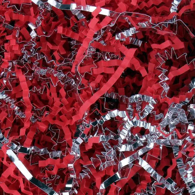 Main image of LDKGHE 4 oz Crinkle Cut Paper Shred Filler for Gift Wrapping Baskets Filling Box Birthdays Christmas Thanksgiving Easter Weddings Valentines Mother's Day Anniversaries (Red and Silver)