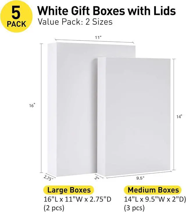 Alt view image 2 of 7 - SUNCOLOR 5 Pack White Gift Boxes with Lids, Assorted Sizes(3 Boxes 14", 2 Boxes 16") Strong Cardboard Shirt Boxes for Christmas, Birthdays, Weddings & Presents