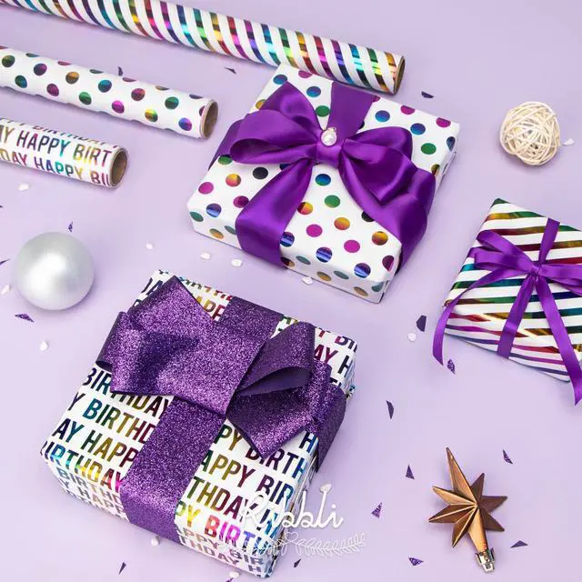 Alt view image 3 of 7 - Ribbli Birthday Wrapping Paper Iridescent Gift Wrapping Paper Mini Roll, 3 Rolls Happy Birthday Polka Dots Stripes Printed Assortment - 17 inch x 120 inch(10feet) Per Roll