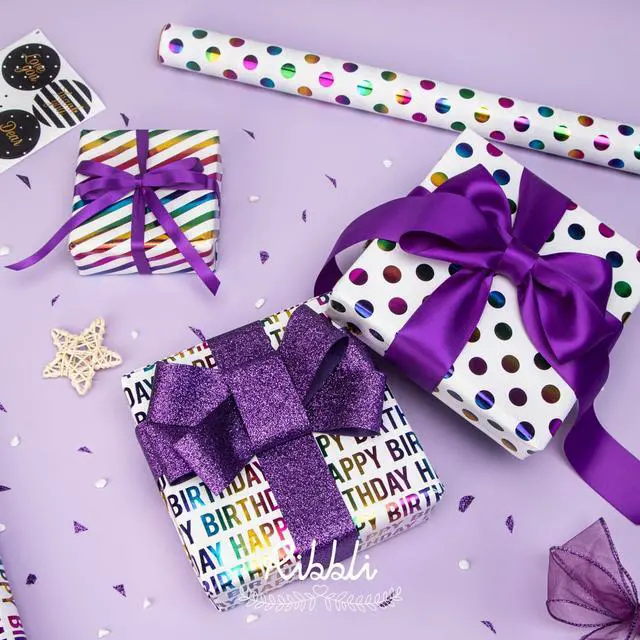 Alt view image 4 of 7 - Ribbli Birthday Wrapping Paper Iridescent Gift Wrapping Paper Mini Roll, 3 Rolls Happy Birthday Polka Dots Stripes Printed Assortment - 17 inch x 120 inch(10feet) Per Roll