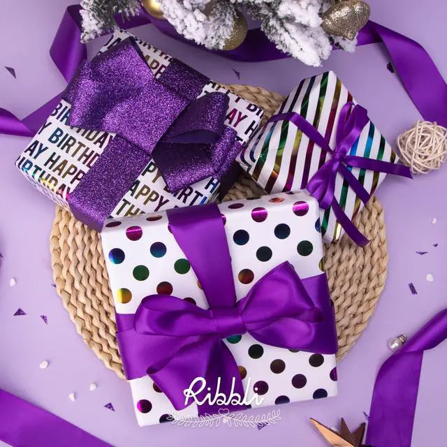 Alt view image 6 of 7 - Ribbli Birthday Wrapping Paper Iridescent Gift Wrapping Paper Mini Roll, 3 Rolls Happy Birthday Polka Dots Stripes Printed Assortment - 17 inch x 120 inch(10feet) Per Roll