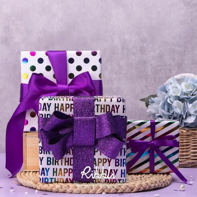 Alt view image 5 of 7 - Ribbli Birthday Wrapping Paper Iridescent Gift Wrapping Paper Mini Roll, 3 Rolls Happy Birthday Polka Dots Stripes Printed Assortment - 17 inch x 120 inch(10feet) Per Roll