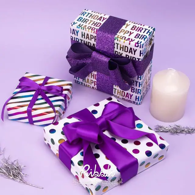 Alt view image 7 of 7 - Ribbli Birthday Wrapping Paper Iridescent Gift Wrapping Paper Mini Roll, 3 Rolls Happy Birthday Polka Dots Stripes Printed Assortment - 17 inch x 120 inch(10feet) Per Roll