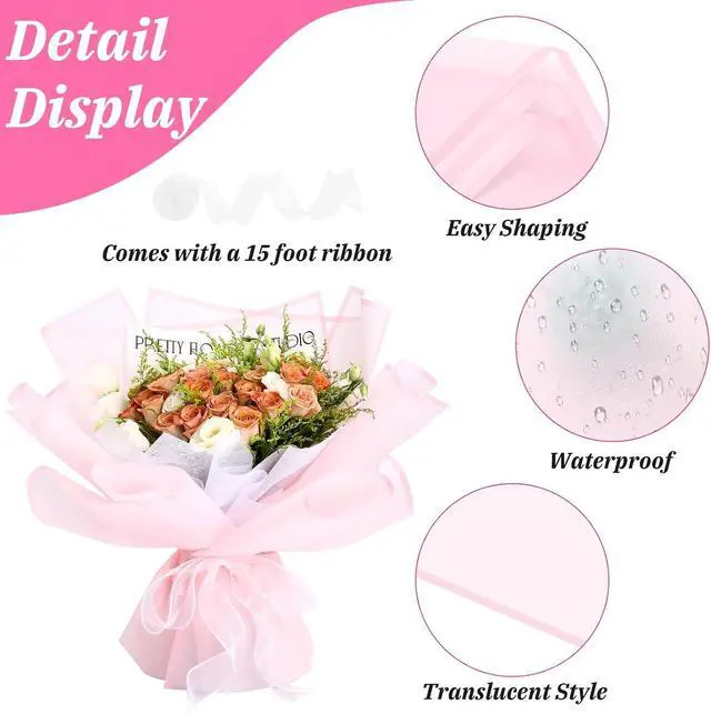 Alt view image 5 of 7 - Rumvan Flower Wrapping Paper, 20 Sheets, Waterproof, Floral Bouquet Design, for Wedding, Birthday Gift, DIY Florist Supplies (Pink colour)