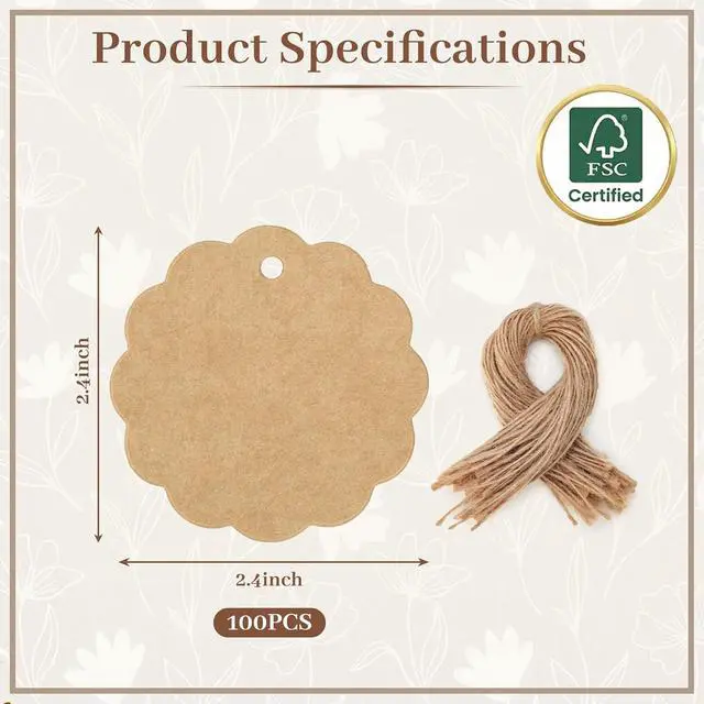 Alt view image 6 of 7 - SallyFashion 100PCS Brown Scalloped Round Gift Tags, 2.4 inches