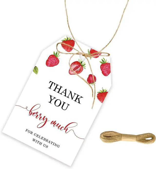 Main image of 50pcs Strawberry Thank You Tags, Berry Sweet Party Favors Gift Tag with String for Wedding, Berry Much Favor Tags for Girl, Sweet Fruit 1st Birthday Party Favors