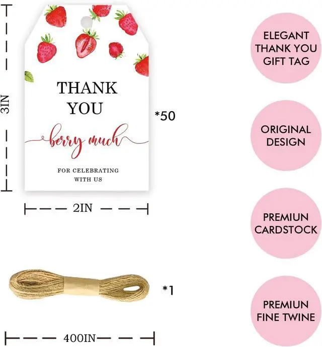 Alt view image 2 of 7 - 50pcs Strawberry Thank You Tags, Berry Sweet Party Favors Gift Tag with String for Wedding, Berry Much Favor Tags for Girl, Sweet Fruit 1st Birthday Party Favors