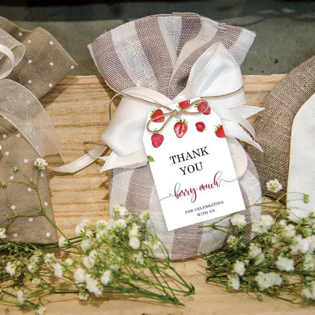 Alt view image 6 of 7 - 50pcs Strawberry Thank You Tags, Berry Sweet Party Favors Gift Tag with String for Wedding, Berry Much Favor Tags for Girl, Sweet Fruit 1st Birthday Party Favors
