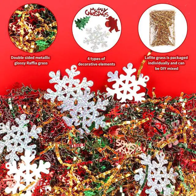 Alt view image 3 of 7 - FOIMAS Christmas Crinkle Cut Paper Shred Filler,7oz Christmas Raffia Paper Sherd Filler with Metallic Xmas Confetti for Gift Box Filler Basket Stuffer Xmas Gift Wrapping Supply, Green Red Gold