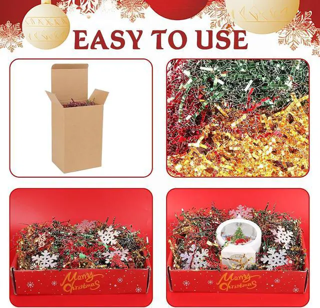 Alt view image 4 of 7 - FOIMAS Christmas Crinkle Cut Paper Shred Filler,7oz Christmas Raffia Paper Sherd Filler with Metallic Xmas Confetti for Gift Box Filler Basket Stuffer Xmas Gift Wrapping Supply, Green Red Gold