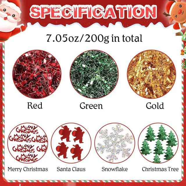 Alt view image 2 of 7 - FOIMAS Christmas Crinkle Cut Paper Shred Filler,7oz Christmas Raffia Paper Sherd Filler with Metallic Xmas Confetti for Gift Box Filler Basket Stuffer Xmas Gift Wrapping Supply, Green Red Gold
