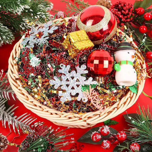 Alt view image 5 of 7 - FOIMAS Christmas Crinkle Cut Paper Shred Filler,7oz Christmas Raffia Paper Sherd Filler with Metallic Xmas Confetti for Gift Box Filler Basket Stuffer Xmas Gift Wrapping Supply, Green Red Gold